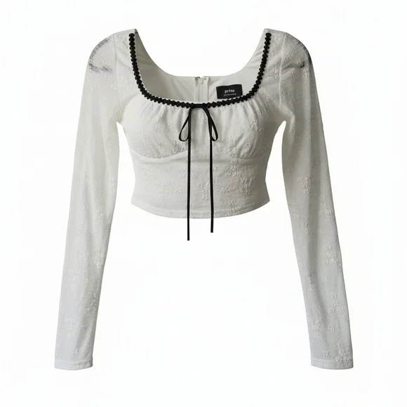 NWT Privy White Crop Top Small Lace Tie Front Cottagecore Long Sleeve Boho - Picture 11 of 11